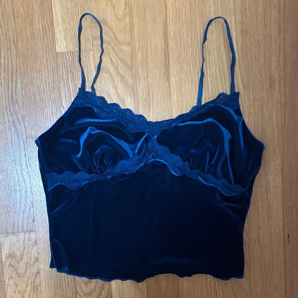 Women’s S SHEIN Dark Teal Blue Velvet Cropped Camisole Top